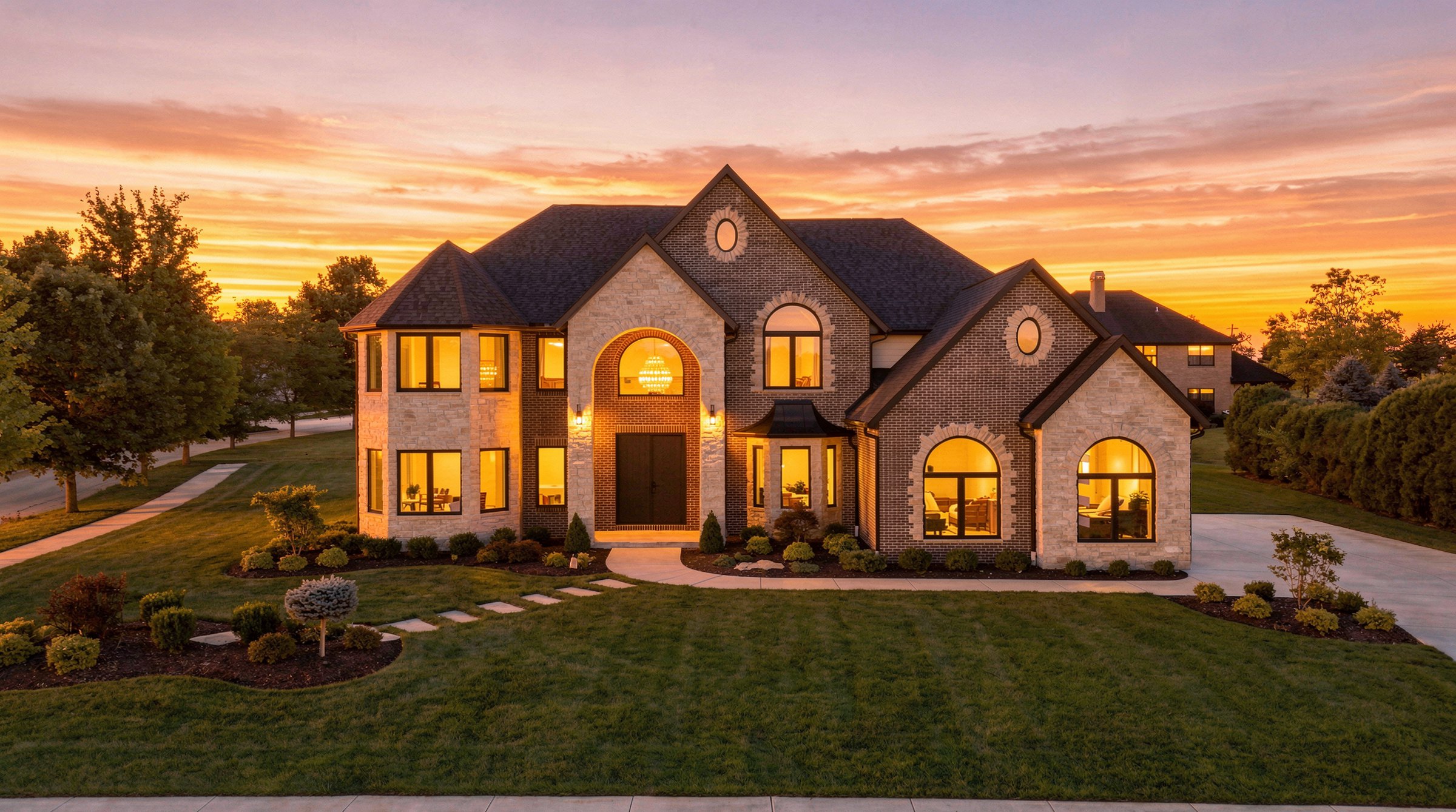 Twilight aerial of a brick and stone home at sunset