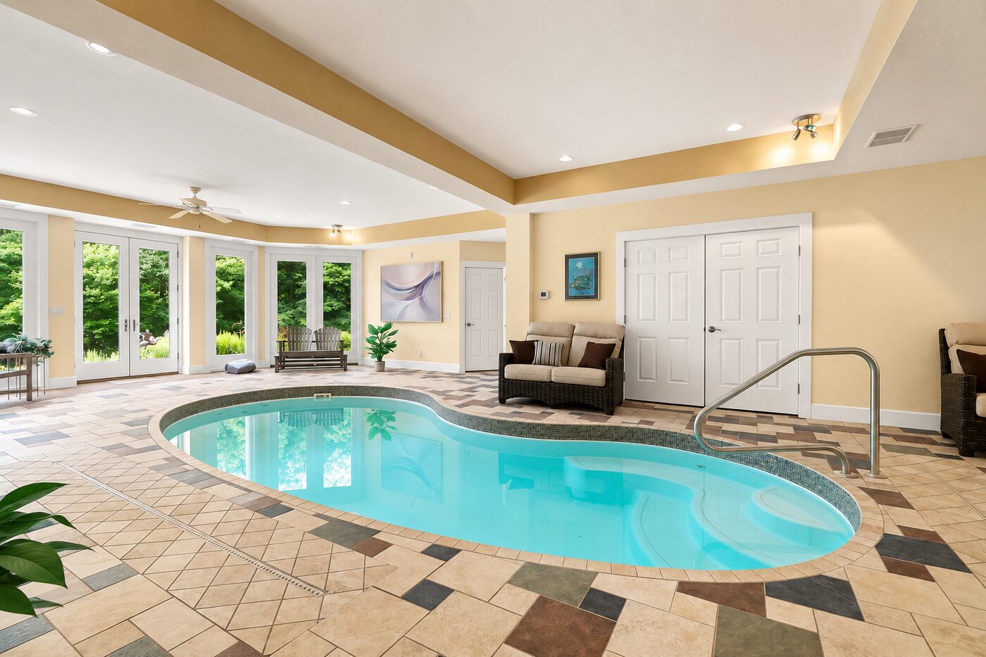 Indoor pool room with tiled floor, seating area and french doors onto the garden